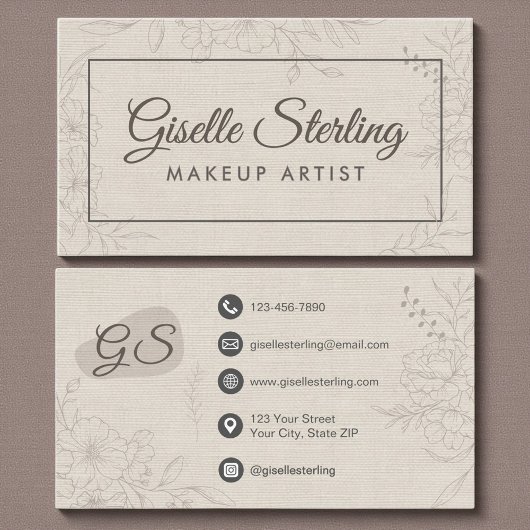 Makeup Artist Neutral Linen Floral Elegant Script Visitenkarte