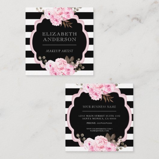 Makeup Artist Pink Floral Black Strip Quadratische Visitenkarte (Vorne/Hinten)