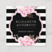 Makeup Artist Pink Floral Black Strip Quadratische Visitenkarte (Vorderseite)