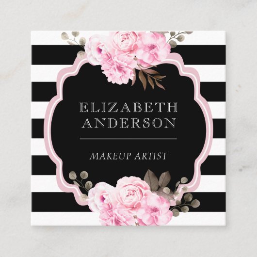 Makeup Artist Pink Floral Black Strip Quadratische Visitenkarte (Vorderseite)
