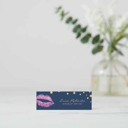 Makeup Artist Pink Glitzer Lips Navy Blue Mini Visitenkarte (Stehend Vorderseite)