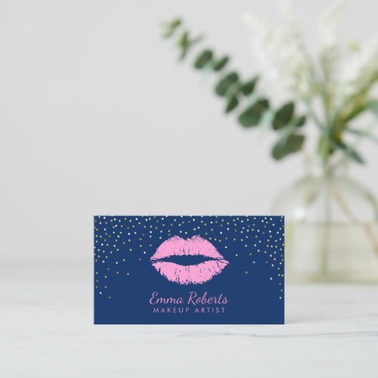 Makeup Artist Pink Lips Gold Confetti Navy Blue Visitenkarte (Stehend Vorderseite)