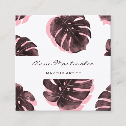Makeup Artist Pink und Black Monstera Leaf Quadratische Visitenkarte (Vorderseite)