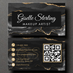 Makeup Artist QR Code Black Gold Agate Luxus Visitenkarte