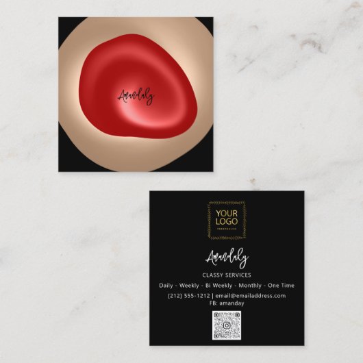 Makeup Artist QR Code Logo Red Black Nail Modern Quadratische Visitenkarte (Vorne/Hinten)