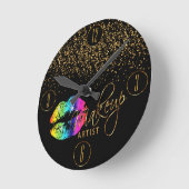 Makeup Artist Rainbow Lippen und Gold Glitzer Runde Wanduhr (Winkel)