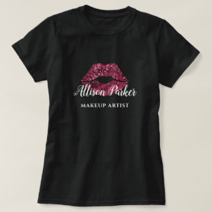 MAKEUP ARTIST Red Glitzer Logo Kiss Name T-Shirt