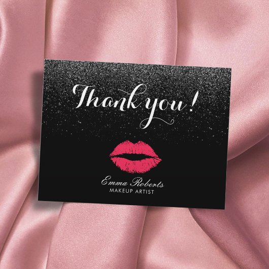 Makeup Artist Red Lips Black Glitzer Vielen Dank Postkarte