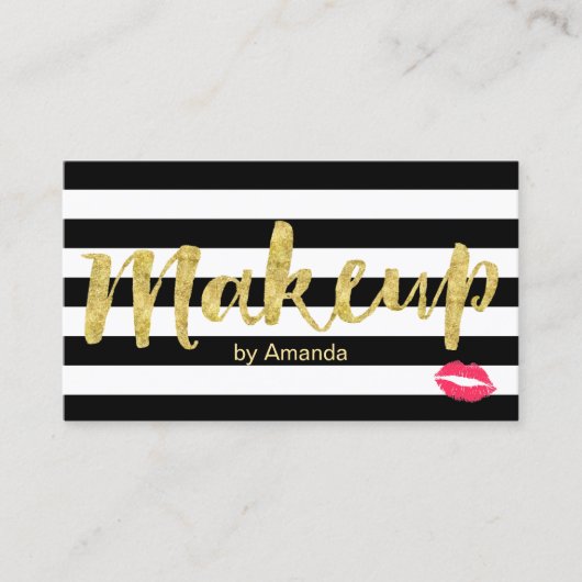 Makeup Artist Red Lips Gold Script Modern Strips Visitenkarte (Vorderseite)