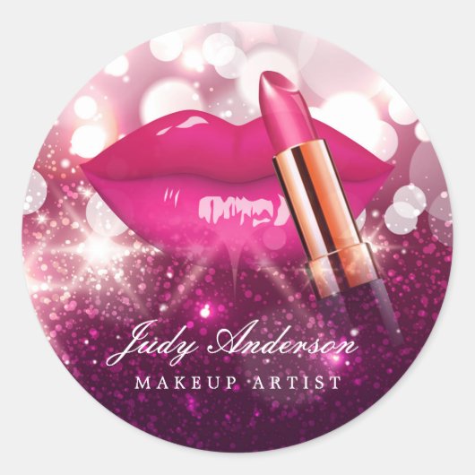Makeup Artist Red Lips Rosa Glitzer Sparkling Runder Aufkleber (Vorderseite)