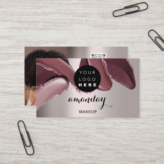 Makeup Artist Red Lipstick Foto QR Code Blush Visitenkarte (Vorderseite/Rückseite Beispiel)