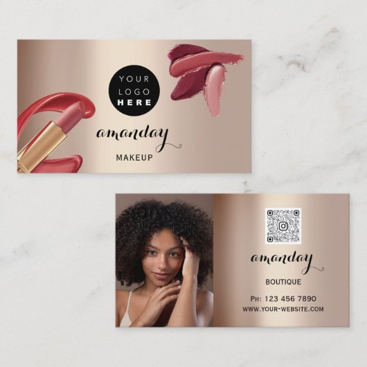 Makeup Artist Red Lipstick Rose Gold Foto QR Code Visitenkarte (Vorne/Hinten)