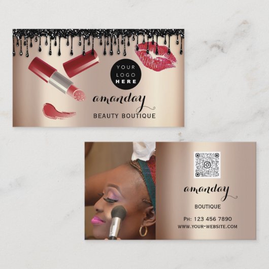 Makeup Artist Red Lipstick Rose Tropfen QR Logo Fo Visitenkarte (Vorne/Hinten)
