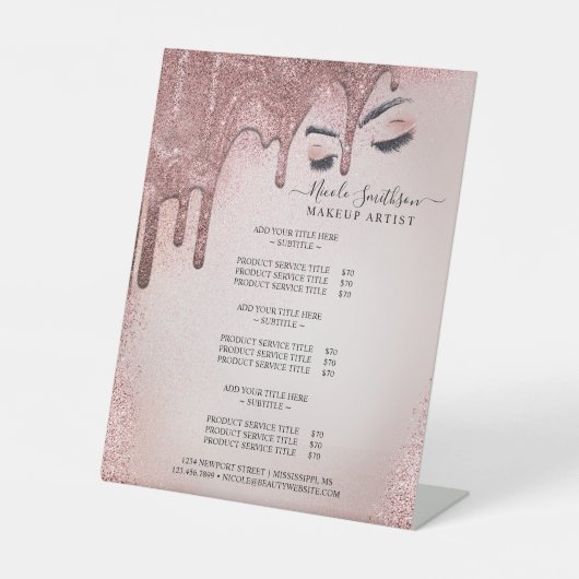 Makeup Artist Rose Gold Glitzer Glam Service List Sockelschild (Vorderseite)