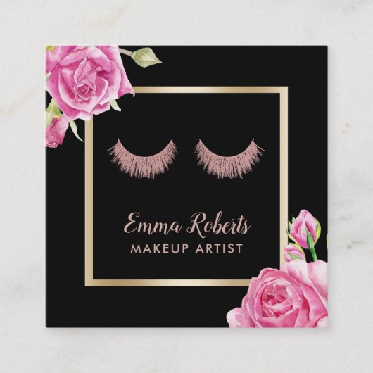 Makeup Artist Rose Gold Lashes Moderne Blumen Quadratische Visitenkarte (Vorderseite)