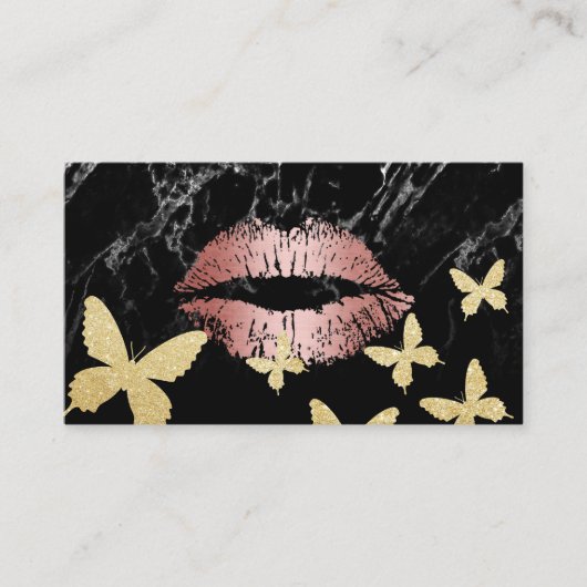 Makeup Artist Rose Gold Lips & Gold Schmetterlinge Visitenkarte (Vorderseite)