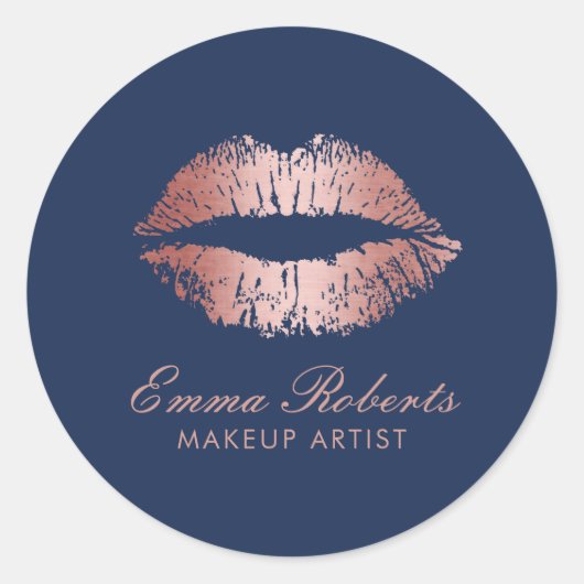 Makeup Artist Rose Gold Lips Navy Blue Salon Runder Aufkleber (Vorderseite)
