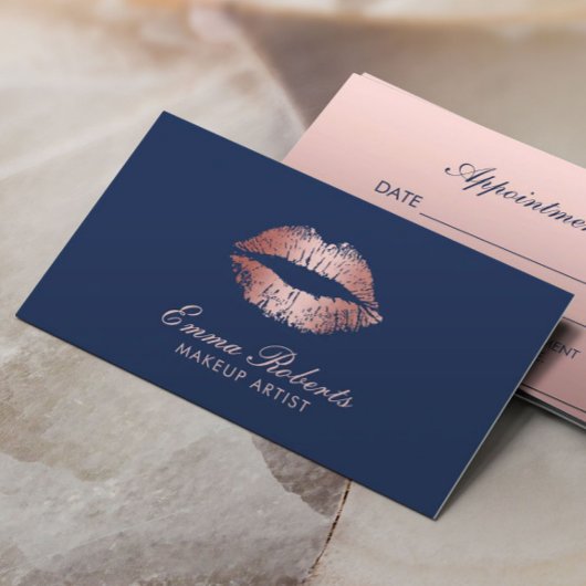 Makeup Artist Rose Gold Lips Navy Blue Salon Terminkarte