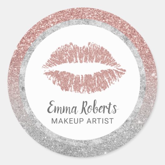 Makeup Artist Rose Gold Silver Glitzer Lippen Druc Runder Aufkleber (Vorderseite)