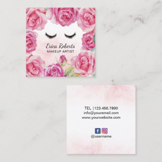 Makeup Artist Rose Wasserfarben Quadratische Visitenkarte (Vorne/Hinten)