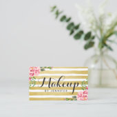 Makeup Artist Script Klasse floral Gold gestreift Visitenkarte (Stehend Vorderseite)
