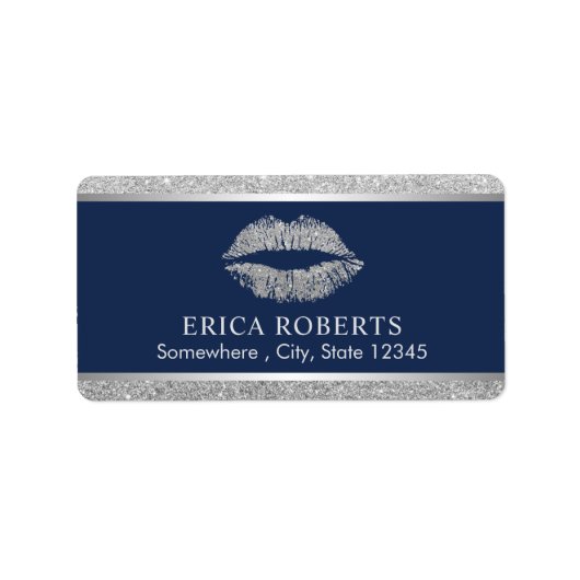 Makeup Artist Silver Glitzer Lips Navy Blue Salon Adressaufkleber (Vorne)