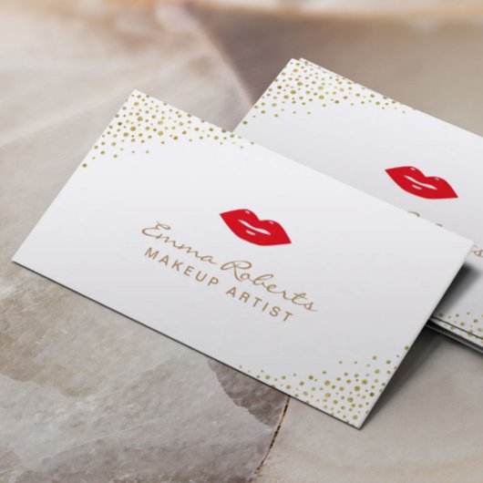 Makeup Artist Simple Red Lips Gold Confetti Dots Visitenkarte
