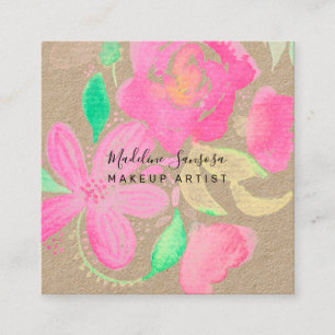Makeup Artist Watercolor Botanisches Pink Floral Quadratische Visitenkarte