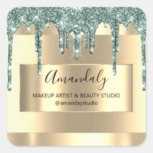 Makeup Beauty Glitzer Gold Gerahmte Boutique Minze Quadratischer Aufkleber