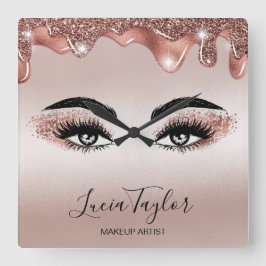 Makeup Beauty Lashes Rose Gold Drips Glitter Quadratische Wanduhr