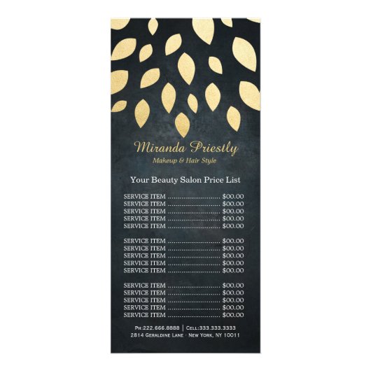 Makeup Beauty Salon Black & Gold Blätter Preislist Werbekarte (Vorne)