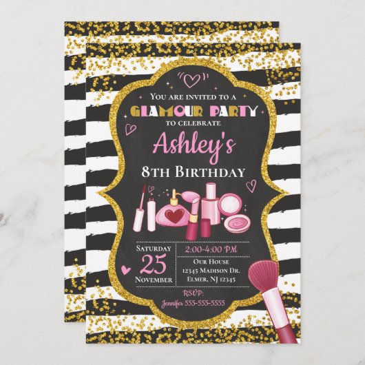 Makeup Birthday Einladung / Glamour Party (Vorne/Hinten)