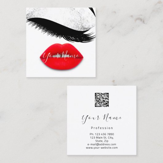 Makeup Boutique White Kiss Red Lips QR Code Quadratische Visitenkarte (Vorne/Hinten)