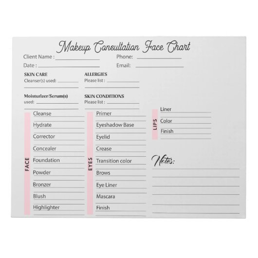 Makeup Consulting steht in einem weißen und rosa D Notizblock (Vorderseite)