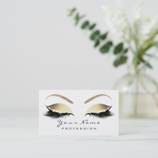 Makeup Eyebrow Eyes Lashes Glitzer Gold Weiß Visitenkarte (Stehend Vorderseite)
