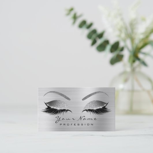 Makeup Eyebrow Eyes Lashes Glitzer Silber Grau Visitenkarte (Stehend Vorderseite)