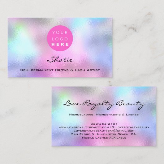 Makeup Eyebrow Logo Lash Holographic Pink Visitenkarte (Vorne/Hinten)