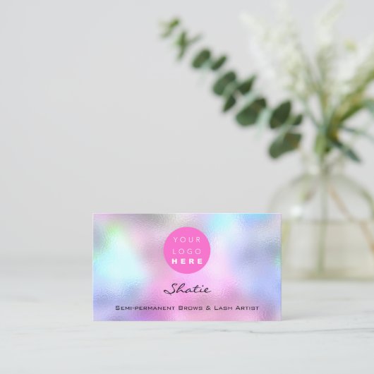 Makeup Eyebrow Logo Lash Holographic Pink Visitenkarte (Stehend Vorderseite)