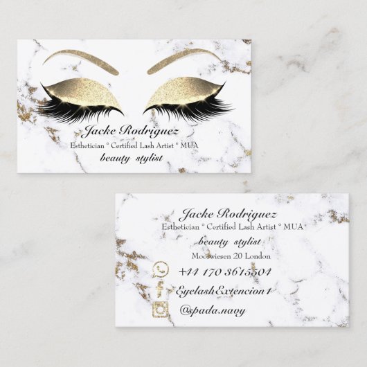 Makeup Eyebrows Lash Gold Marmor White Social Visitenkarte (Vorne/Hinten)