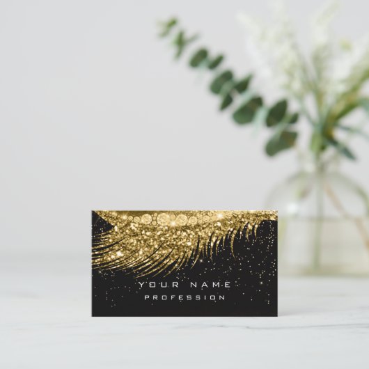 Makeup Eyebrows Lashes Glitzer Metallic Black Gold Visitenkarte (Stehend Vorderseite)