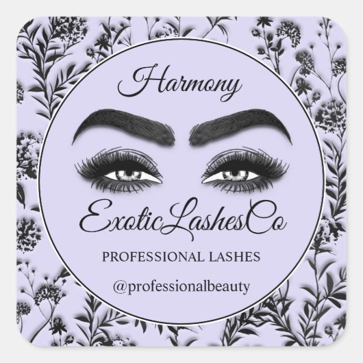 Makeup Eyelash Cleaner Floral Black Lila Violet Quadratischer Aufkleber (Vorderseite)
