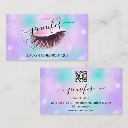 Makeup Eyelash QR Code Holograph Violet Visitenkarte (Vorne/Hinten)