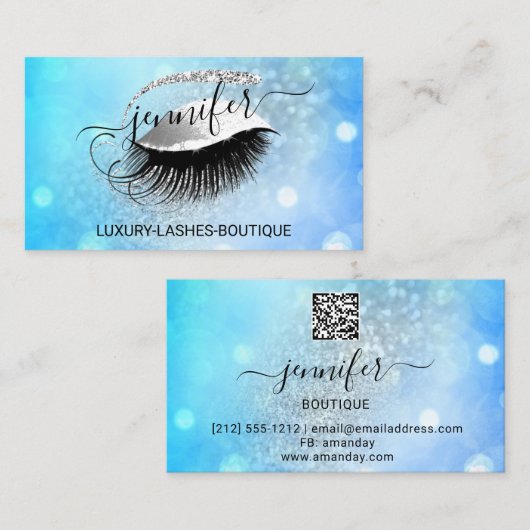 Makeup Eyelash QR Code Logo Glitzer Blau Silber Visitenkarte (Vorne/Hinten)