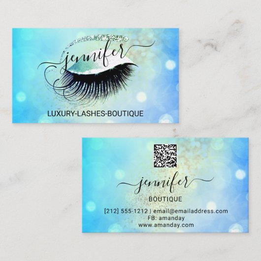 Makeup Eyelash QR Code Logo Glitzer Blue Gold Visitenkarte (Vorne/Hinten)
