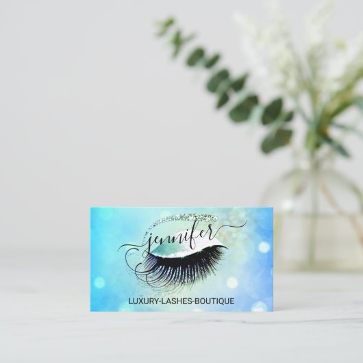 Makeup Eyelash QR Code Logo Glitzer Blue Gold Visitenkarte (Stehend Vorderseite)