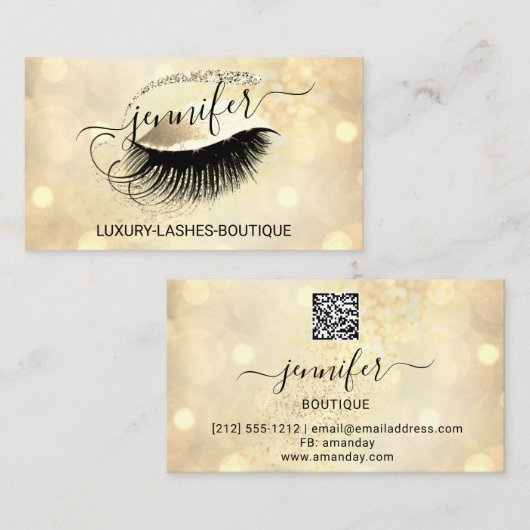 Makeup Eyelash QR Code Logo Glitzer Eye Gold Visitenkarte (Vorne/Hinten)