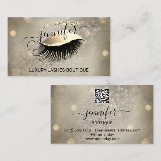 Makeup Eyelash QR Code Logo Glitzer Lash Gold Visitenkarte (Vorne/Hinten)