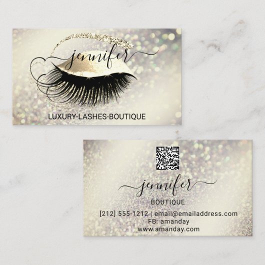 Makeup Eyelash QR-Code Logo Glitzer Vip Gold Visitenkarte (Vorne/Hinten)