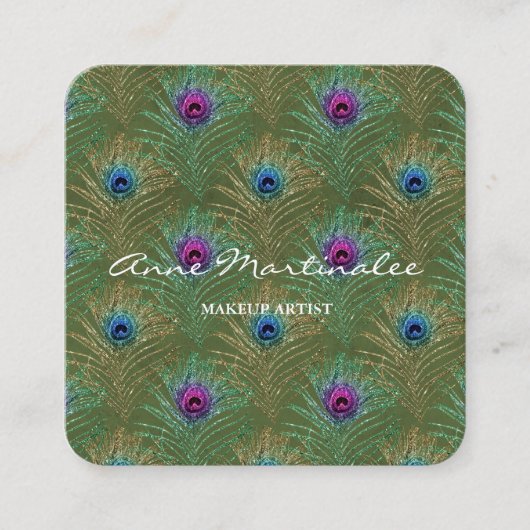 Makeup Glitzer Peacock Feathers Green Quadratische Visitenkarte (Vorderseite)