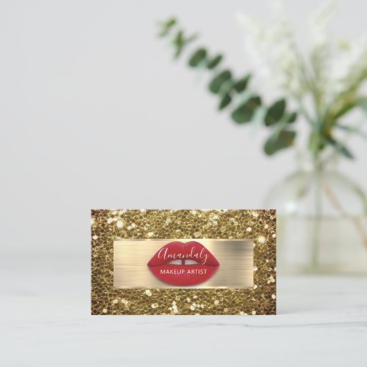 Makeup Gold Glitzer QR Code Logo Red Lips Business Visitenkarte (Stehend Vorderseite)